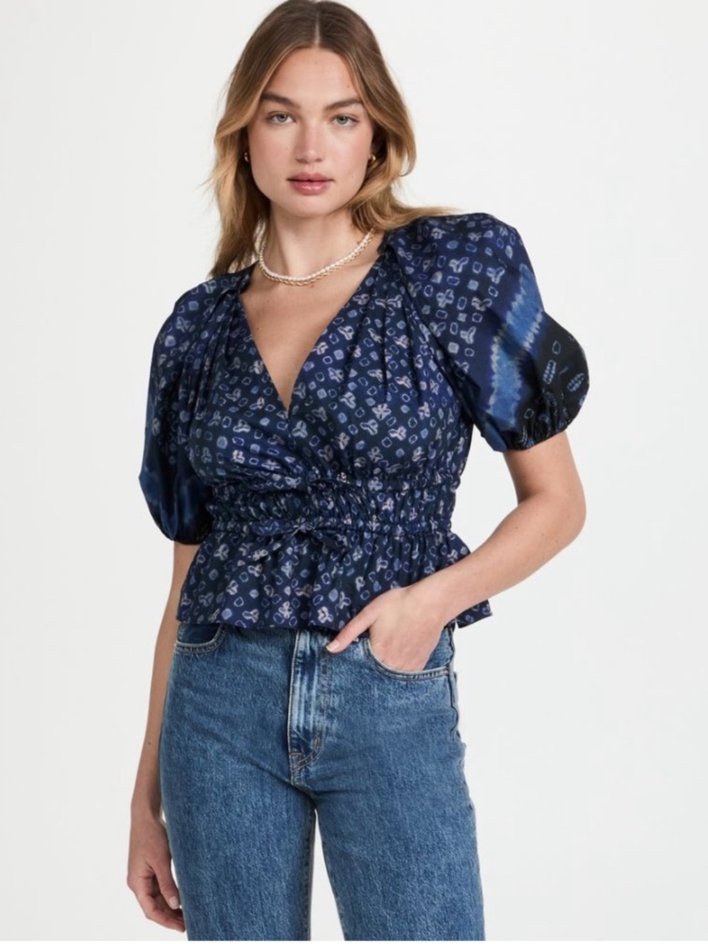 Ulla Johnson Ines Navy Printed Puff-Sleeve Wrap Blouse